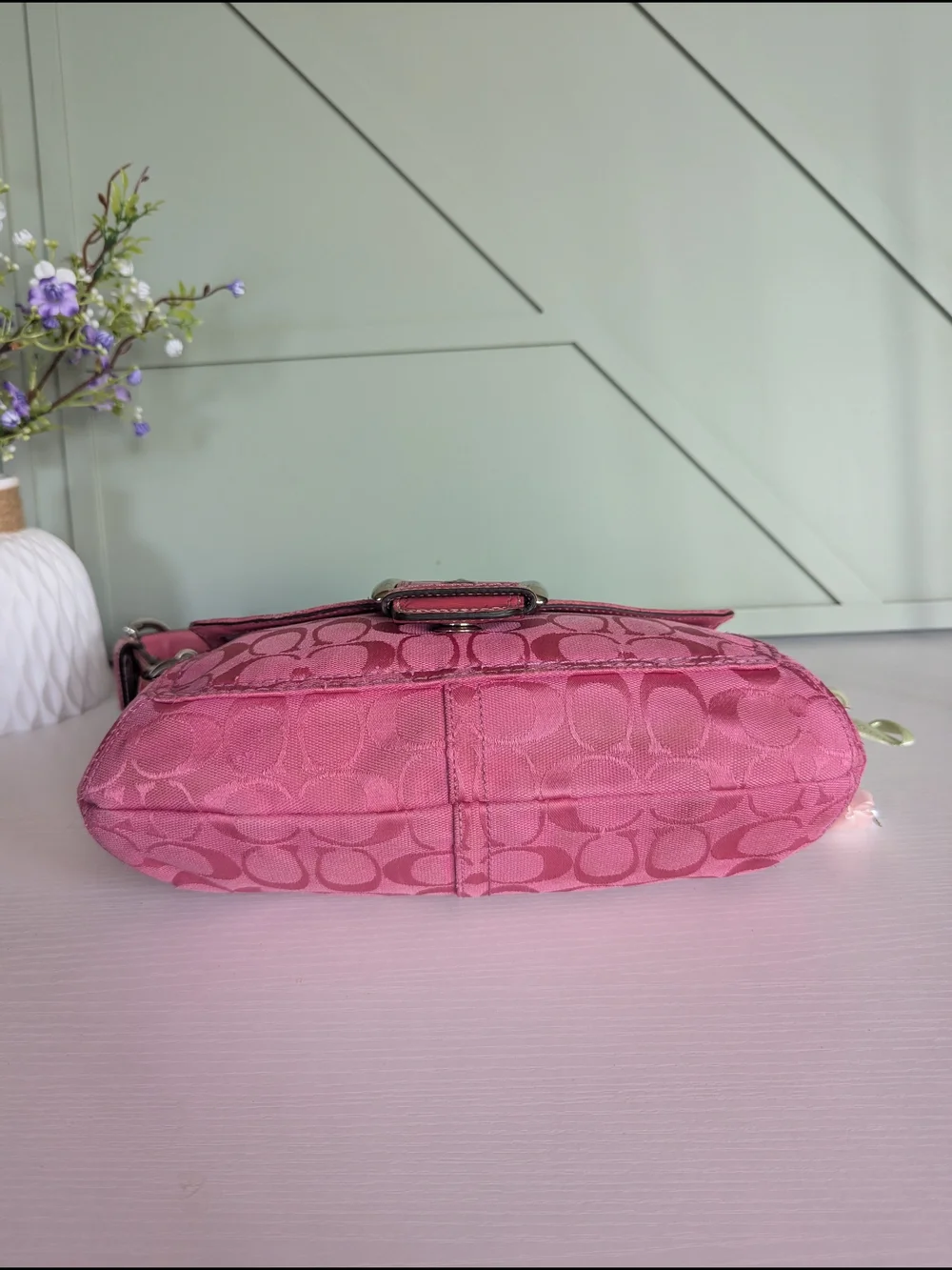 Coach Pink Signature Shoulder Bag with Buckle and Charm
